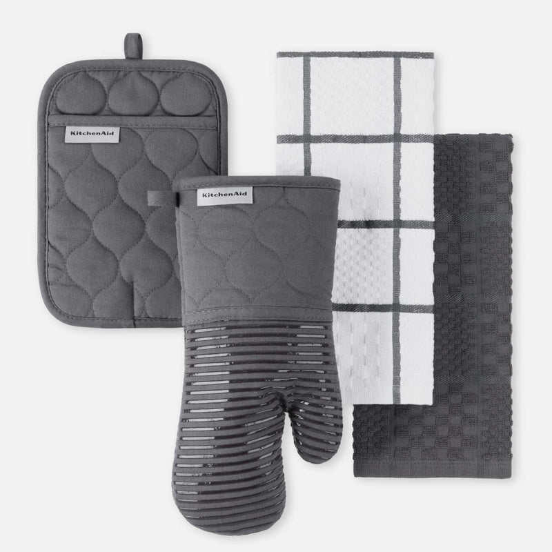 KitchenAid Quilted Cotton Terry Cloth Oven Mitt, Pot Holder, Kitchen Towel 4-Pack Set, Heat Resistant, Silicone Grip, Gift Set, Matte Black, 16"x26", 7"x13" & 7"x10"