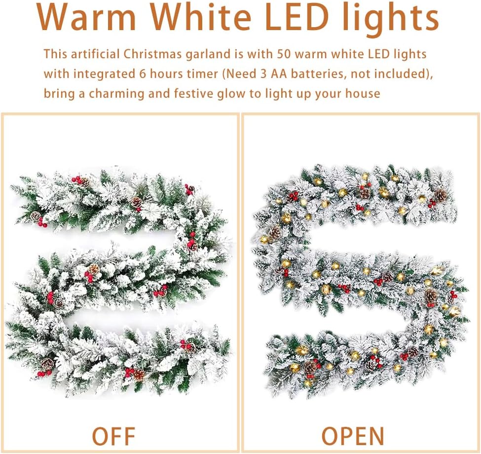 Christmas Garland with Lights,Xmas Garlands with Timer, 9ft Lighted Xmas Garland Snow for Mantle Staircase Front Door Stairs Railing Window Fireplace Winter Outdoor Home Decorations