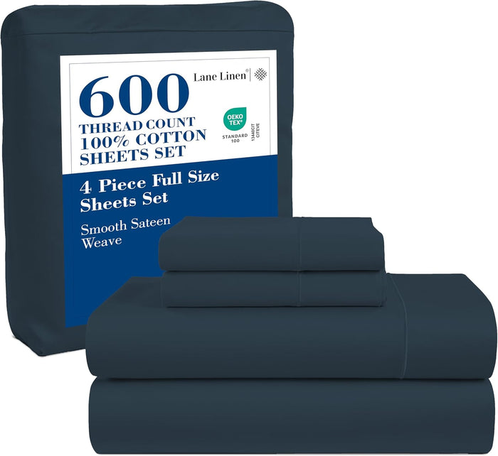 LANE LINEN 600 TC 100% Mercerized Cotton Machine Wash Full Size Bed Sheets Set, Fully Elasticized Fitted Sheet, European Closure Pillow Cases, Z Hem Top Sheet, Soft & Comfy Sheets- Charcoal