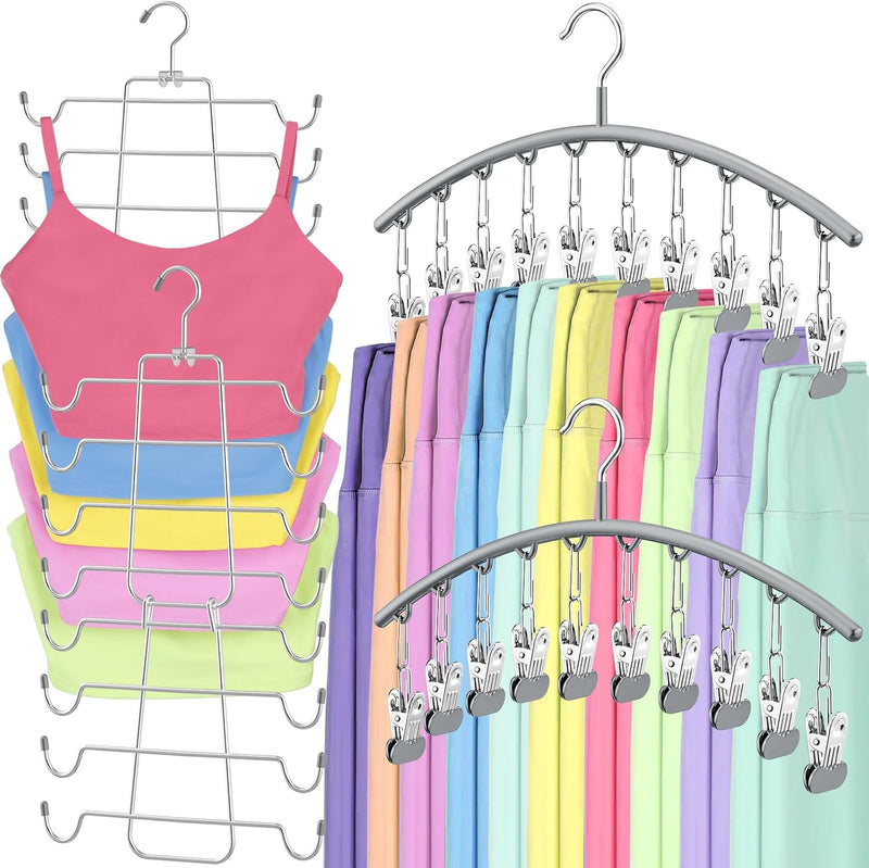 TomCare 2 Pack Tank Top Hanger and 2 Pack Leggings Organizers Space Saving Sport Bras Organizer Metal Yoga Pants Hangers with 20 Clips Hanging Closet Organizers and Storage for Hat Camisoles Shorts