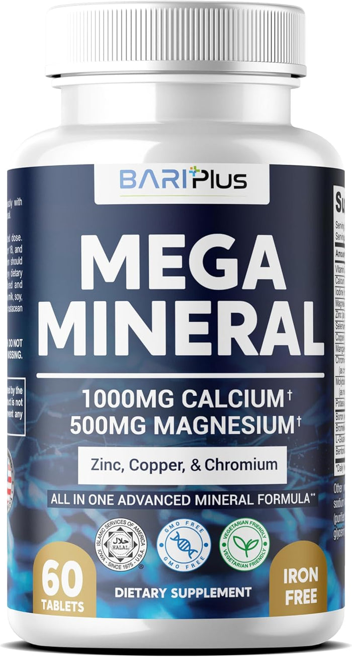 Mega Mineral – Complete Complex with Vitamin D, Calcium, Magnesium, Zinc, Potassium, Boron, Selenium, Chromium & 72 Trace Minerals – Iron-Free – USA Made – 60 Tablets