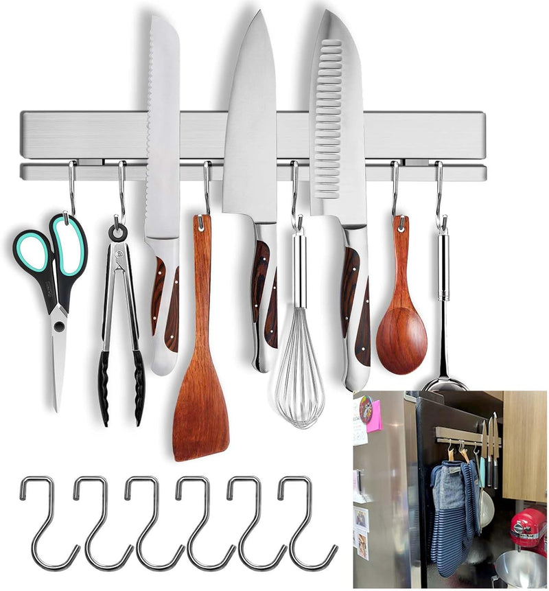 12 Inch Magnetic Knife Holder for Wall with 6 Hooks No Drill-Double Magnetic Bar Strong Adhesive Knife Magnetic Strip-Kitchen Utensil Hanger-304 Stainless Steel Magnetic Kitchen Knife Rack