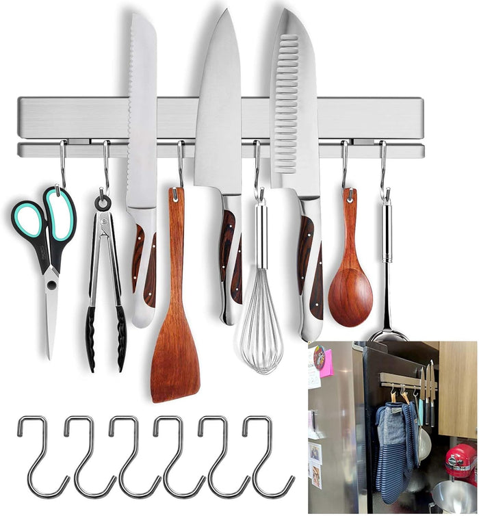 12 Inch Magnetic Knife Holder for Wall with 6 Hooks No Drill-Double Magnetic Bar Strong Adhesive Knife Magnetic Strip-Kitchen Utensil Hanger-304 Stainless Steel Magnetic Kitchen Knife Rack