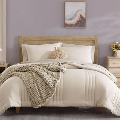 Monbix Queen Comforter Set - 7 Pieces Beige Bed in a Bag Queen Bedding Sets with Comforters, All Seasons Comforter Bed Set with Sheets,Pillowcases & Shams