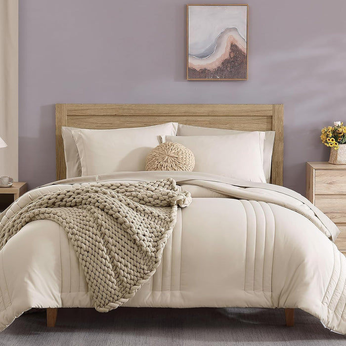 Monbix Queen Comforter Set - 7 Pieces Beige Bed in a Bag Queen Bedding Sets with Comforters, All Seasons Comforter Bed Set with Sheets,Pillowcases & Shams