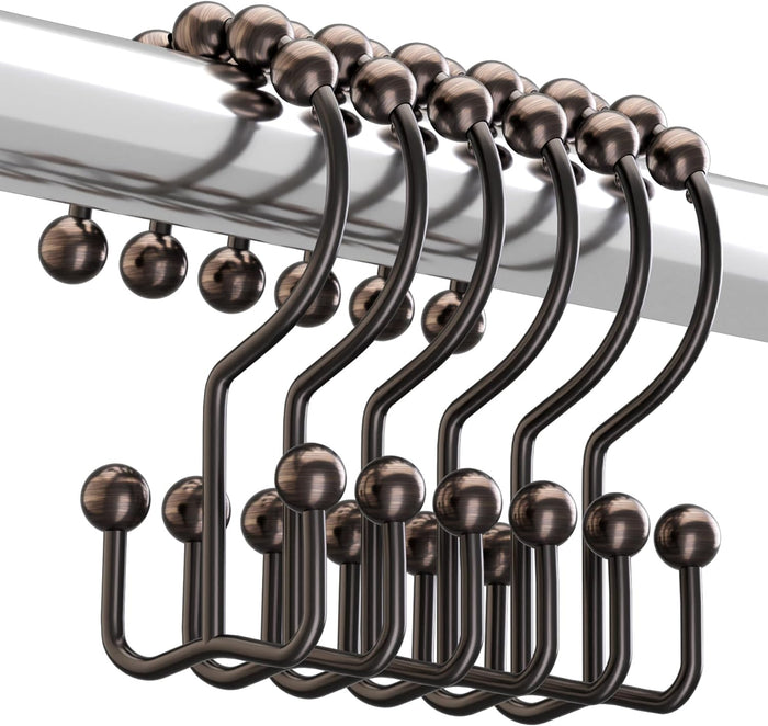 Titanker Shower Curtain Hooks Rings, Rust Resistant Metal Double Glide Shower Hooks Rings for Bathroom Shower Rods Curtains, Set of 12 Hooks - Nickel