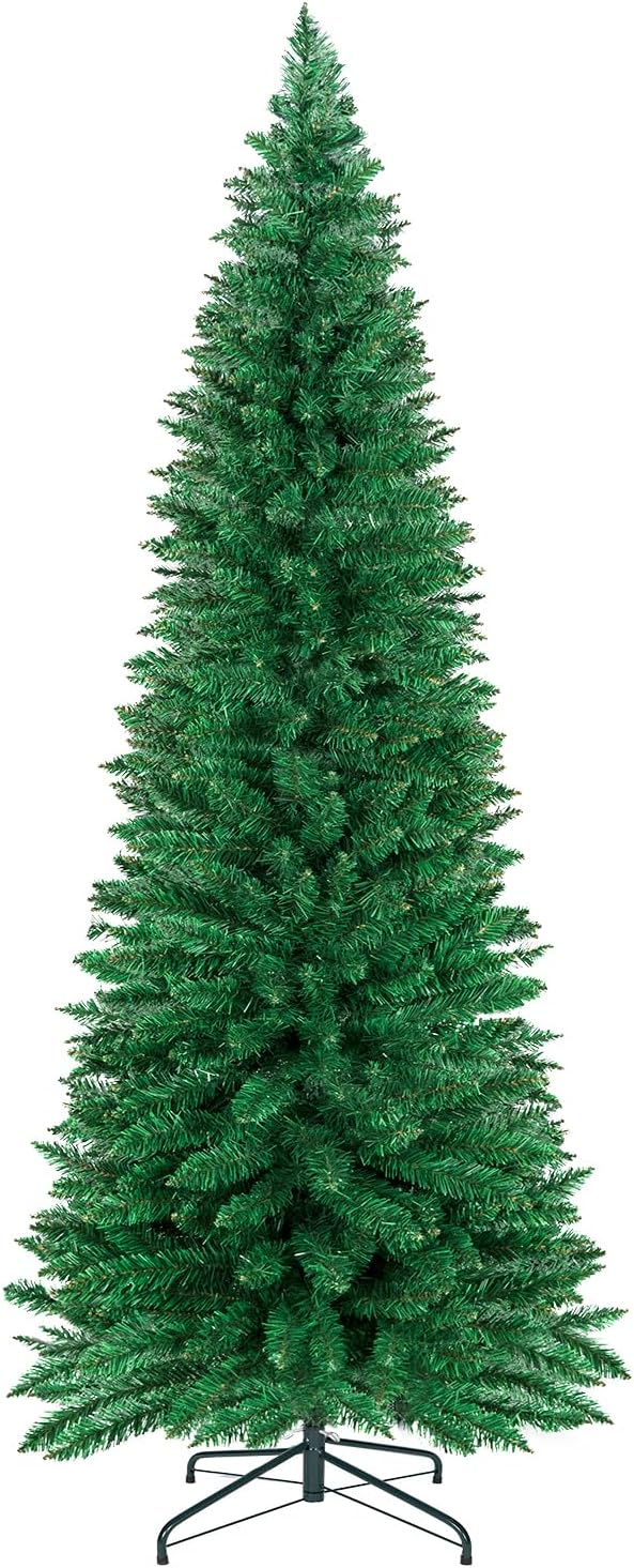 ININ 8FT Slim Pencil Christmas Tree,Artificial Tall Skinny Xmas Tree with 700 Branch Tips,Perfect for Home/Office/Party Decoration, Metal Hinges & Foldable Base.(Unlit)