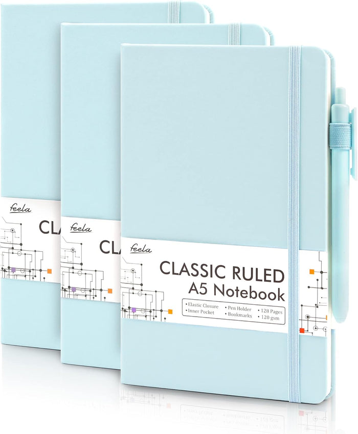 feela 3 Pack Notebooks Journals Bulk with 3 Black Pens, A5 Hardcover Notebook Classic Ruled Lined Journal Set with Pen Holder for Work Business Journaling Note Taking, 120 GSM, 5.1”x8.3”, Gray