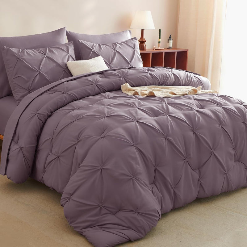 CozyLux Queen Comforter Set Taupe, 7 Pieces Pintuck Bed in A Bag, Premium Taupe Comforter Queen Size, Pinch Pleat Bedding Sets with Comforter, Sheets, Pillowcases & Shams