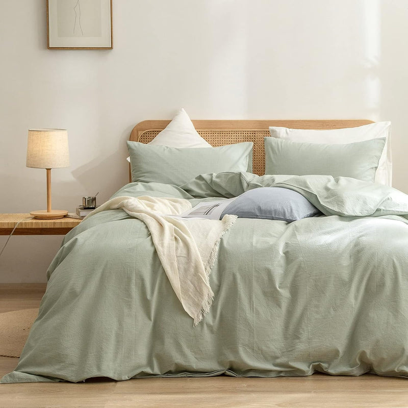 BESTOUCH Duvet Cover Set 100% Washed Cotton Linen Feel Super Soft Comfortable Chic Lightweight 3 PCs Home Bedding Set Solid Cornflower Blue Full/Double