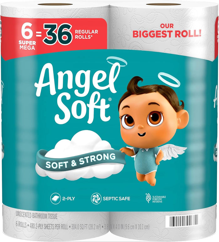 Angel Soft Toilet Paper, 16 Mega Rolls = 64 Regular Rolls, Soft and Strong Toilet Tissue