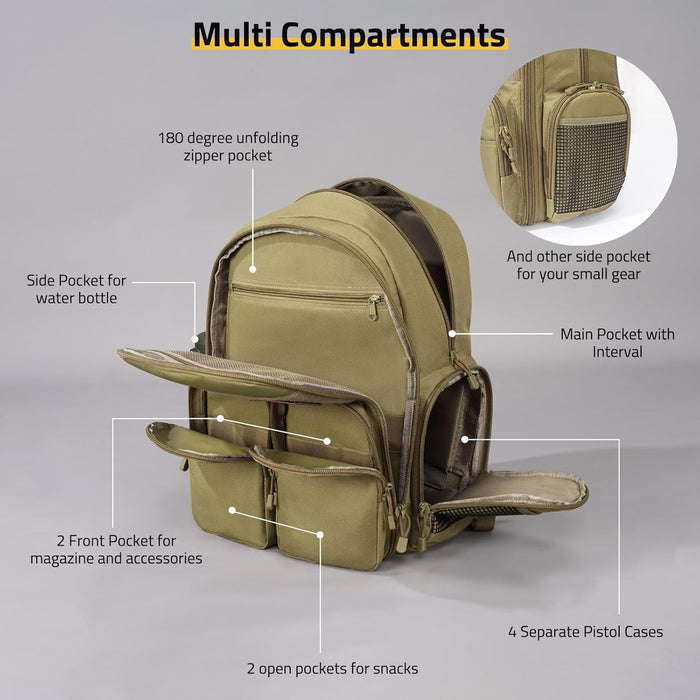 CVLIFE Tactical Range Backpack for Handguns, Shooting Backpack with Pistol Cases, Daypack with Removable Divider for Men (TAN, regular)