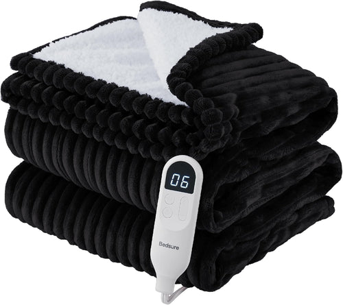 Bedsure GentleSoft Heated Blanket Electric Throw - Soft Ribbed Flannel Electric Blanket, Heating with 4 Time Settings, 6 Heat Levels, 3 hrs Timer Auto Shut Off, Gifts for Grandma (50x60 inches, Grey)
