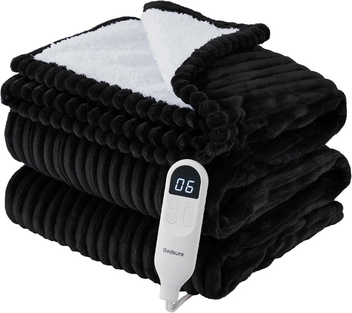 Bedsure GentleSoft Heated Blanket Electric Throw - Soft Ribbed Flannel Electric Blanket, Heating with 4 Time Settings, 6 Heat Levels, 3 hrs Timer Auto Shut Off, Gifts for Grandma (50x60 inches, Grey)