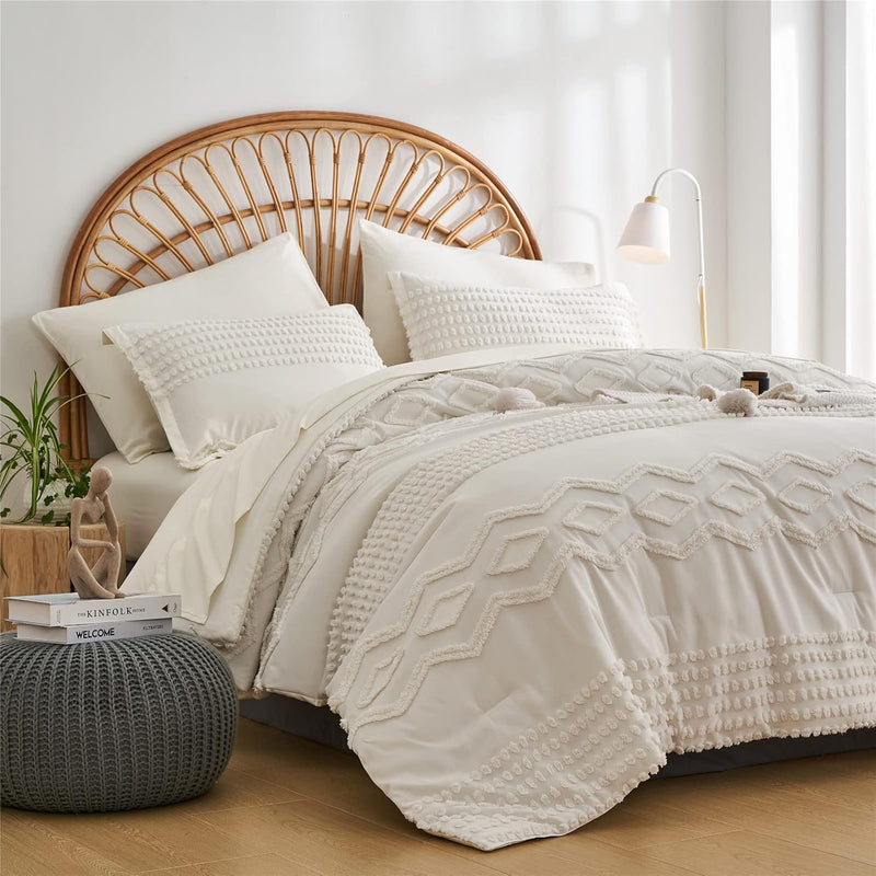 Blush Pink Tufted Comforter Set Queen Size 7 Piece Bed in a Bag, Shabby Chic Boho Comforter and Sheet Set, Pom Pom Textured Bed Set, All Season Soft Microfiber Complete Bedding Set(Pink,Queen)