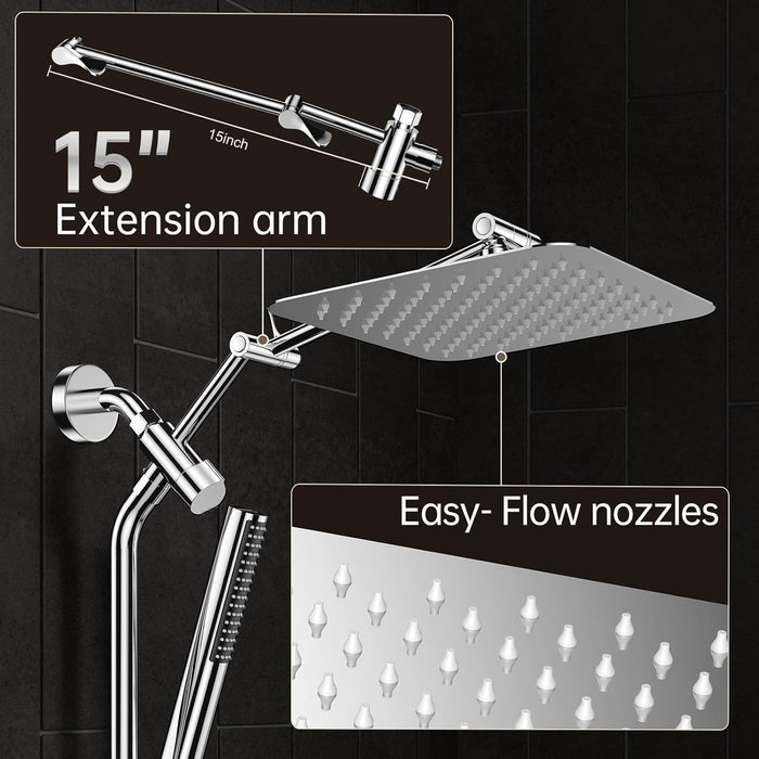 Veken 10" Luxurious All Metal Rain Shower Head with Handheld, High Pressure Rainfall Shower Heads wih Extension Arm, Wide Dual Showerhead with Spray Combo, Bathroom Accessories, Chrome, Silver