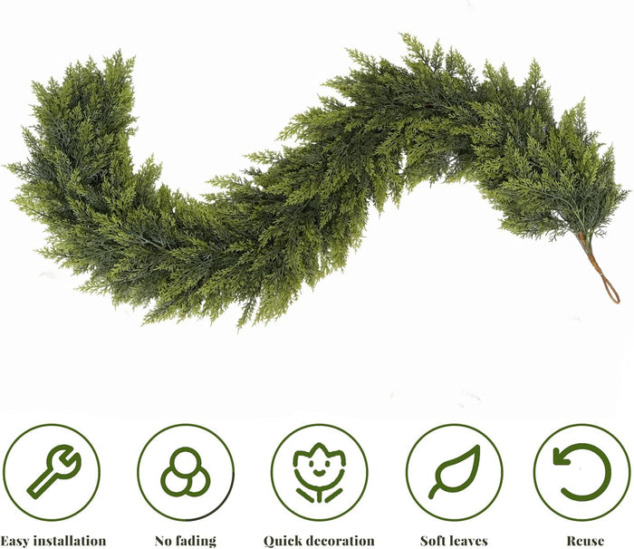 2 Pcs 9FT Christmas Garland, Christmas Decorations, Real Touch Cedar Garland, Artificial Cypress Garlands for Mantle Fireplace Door Table Wall Upstairs Indoor Outdoor Holiday Xmas Decor