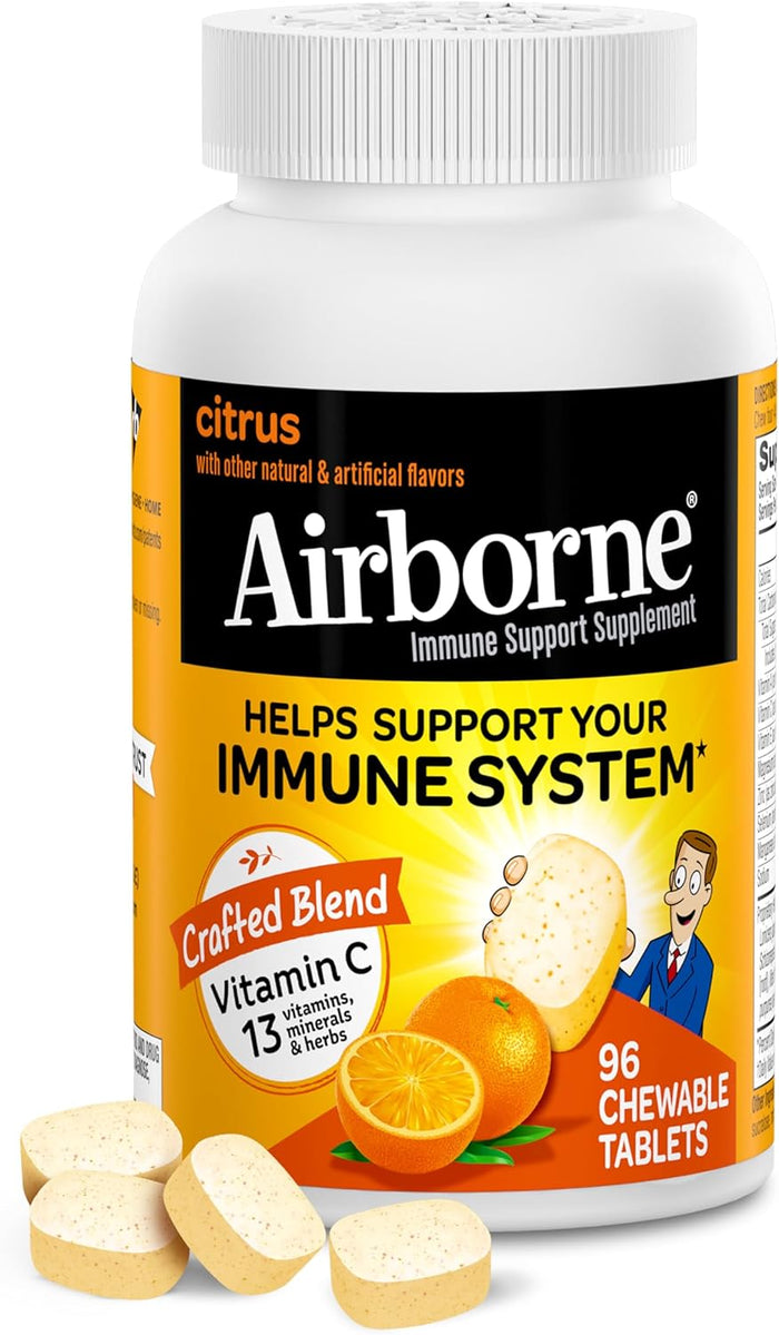 Airborne Vitamin C 1000mg (per Serving) - Citrus Chewable Tablets (116 Count in a Bottle), Gluten-Free Immune Support Supplement, with Vitamins A C E, Zinc, Selenium, Echinacea, Ginger, Antioxidants