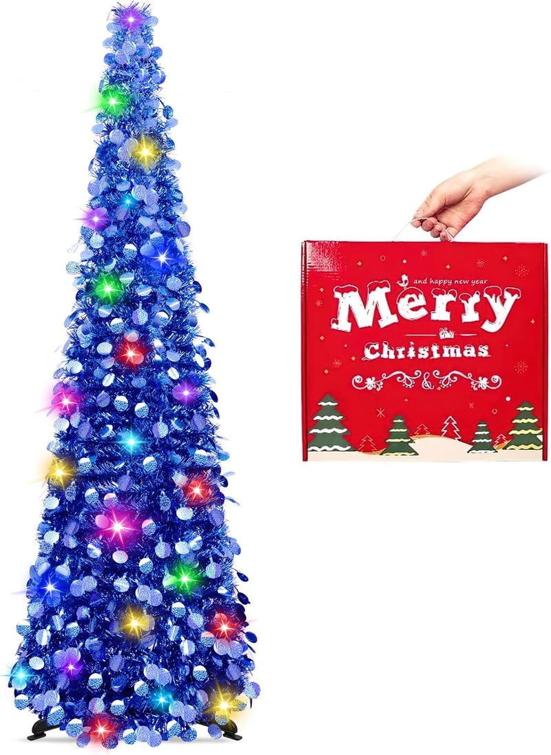 MACTING Christmas Pop up Tree with 50 LED Lights Timer 5FT Silver Collapsible Tinsel Pencil Tree Easy-Assembly Coastal Glitter Artificial Tree for Porch Apartment Corner Home Party Xmas Decorations