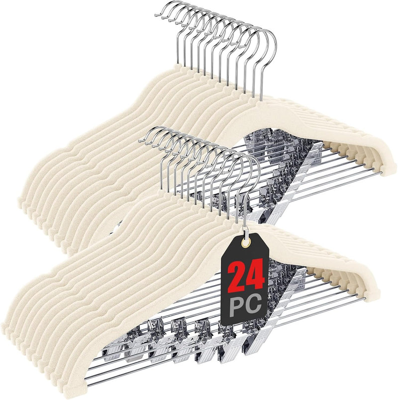 Korpai 36-Pack Black Velvet Hangers with Clips Adjustable,Adult Hangers,Outfit Hanger,Heavy-Duty,Felt,Non-Slip,Space Saving, for Pants, Skirts, Suits,Coats, Dresses ect.