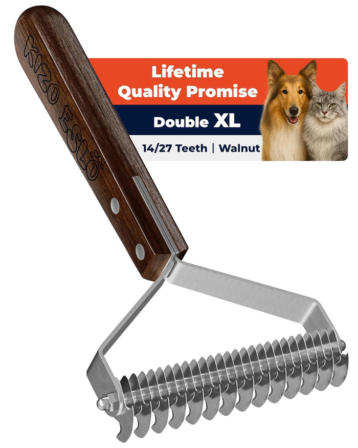 Extra Large 2-Sided Undercoat Rake for Dogs & Cats, Dog Brush for Shedding Remove Mats, Dematting Comb, Safe&Gentle Grooming Brush for German Shepherds Medium to Long-Haired Pets,Premium Wooden Handle