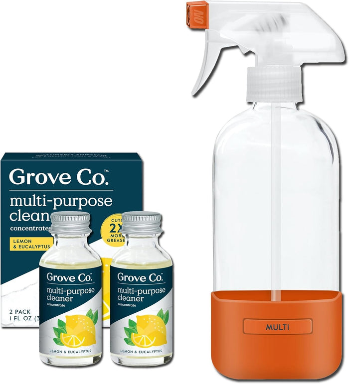 Grove Co. Multi-Purpose Cleaner, Refill Concentrate (2 x 1 Oz) + Glass Spray Bottle (16 Oz), Plant-based Household Cleaning Supplies Bundle, No Plastic Waste, Natural Lavender Blossom & Thyme Scent