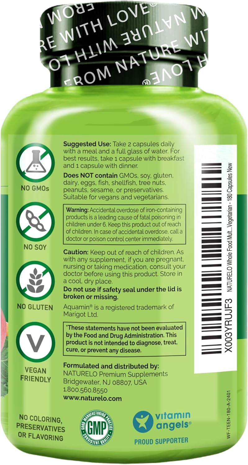 NATURELO Teen Multivitamin - Whole Food Multivitamin - with Minerals for Teenage Boys & Girls - Supplement for Active Kids - Non-GMO - Vegan & Vegetarian - 180 Capsules