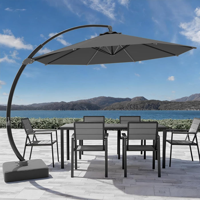 7-Piece Patio Dining Set with 11 FT Curvy Cantilever Umbrella, HDPE Tabletop & Aluminum Frame All-Weather Outdoor Furniture for Garden, Backyard, Poolside, Navy