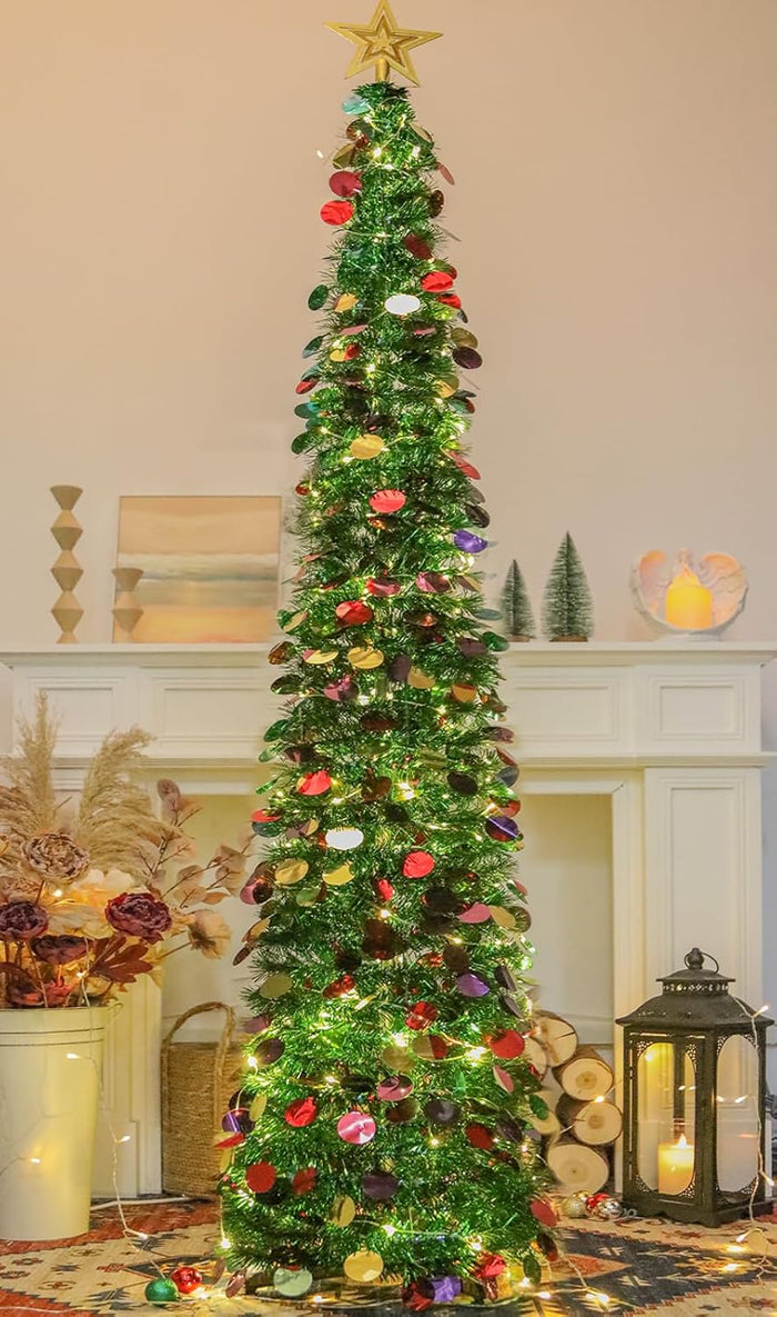 6 FT Pop Up Christmas Tree with 100 LED Timer Lights & Remote, White Collapsible Christmas Tinsel Tree Artificial Pencil Tree Xmas Decoration for Holiday Home Office Party, USB Powered