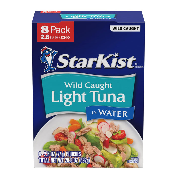 StarKist Chunk Light Tuna in Water, 2.6 oz Pouch (24 Pack) Ready to Eat Wild Caught Tuna, 17g Protein, 70 Calories Per Serving, Gluten Free, Soy Free, Kosher, Perfect for Salads, Keto Meals and Snacks
