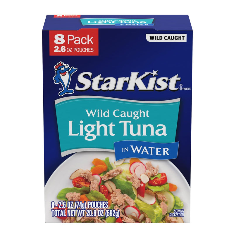 StarKist Chunk Light Tuna in Water, 2.6 oz Pouch (24 Pack) Ready to Eat Wild Caught Tuna, 17g Protein, 70 Calories Per Serving, Gluten Free, Soy Free, Kosher, Perfect for Salads, Keto Meals and Snacks