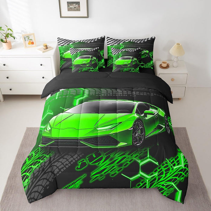 Feelyou Blue Race Car Bed Set for Kids Boys Girls Full Size Extreme Sports 7 Pieces Beeding Set Teen Adult Ultra Soft Speed Sports Car Bed in a Bag with Comforter, Sheets, Pillowcases Cool Car