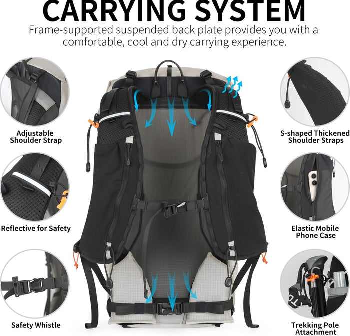 Hiking Backpack for Men and Women, 30L Waterproof Camping Backpack with 3L Water Bladder and Rain Cover, Lightweight Outdoor Sport Travel Daypack Rucksack for Climbing Cycling (Light gray)
