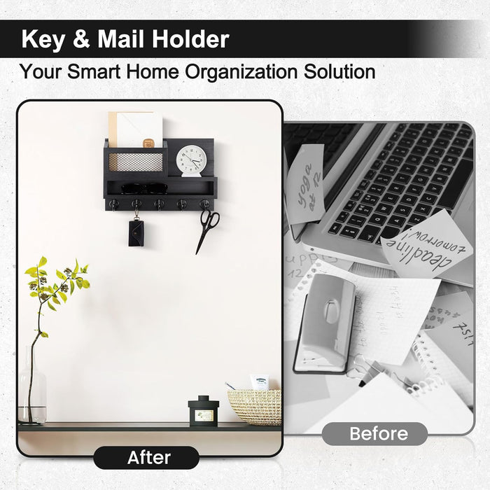 Key and Mail Holder Wall Mount, Key Hanger with Long Storage Box and 5 Hooks for Coat, Dog Leash, Home Decor Rack, House Accessories, Entry Way Organizer 11.8”W x 7.8”H x 3.2”D