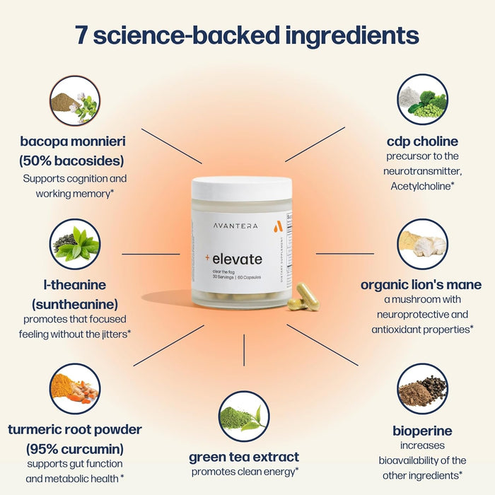 Avantera Elevate Premium Nootropic Supplement - Beat Brain Fog - Best Focus Supplements for Memory & Focus Support - Energy Without Crash - 60 Count Pills for Women & Men