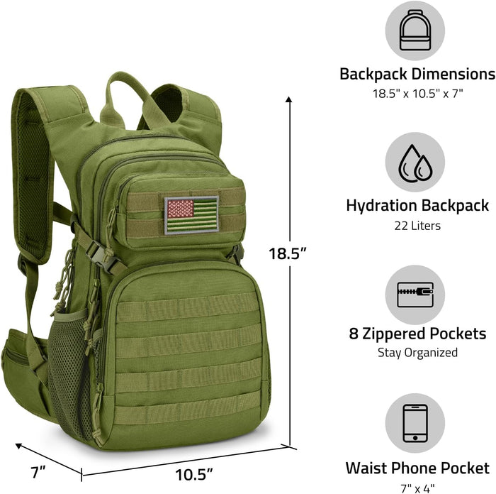 CVLIFE Tactical Hydration Backpack 3L, Lightweight Water Bag Hydration Pack, Hiking Backpack with Water Bladder for Men Women, Heavy Duty Molle Water Backpack for Cycling, Running, Hunting Green