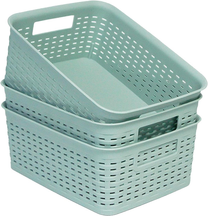 Plastic Storage Baskets for Cabinets, Household Pantry Organization with Handle,Organizer Bins for Room,Bathrooms,Under-Sink,Kitchen (White, M-3PACK)