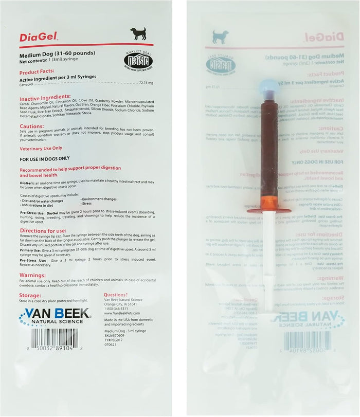 DiaGel for Medium Dogs (31-60 lbs.) - Orally Administered Gel for Occasional Loose Stools and Digestive Upset - Natural Pet Products - Van Beek Natural Science