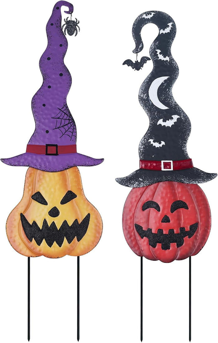 YEAHOME Halloween Decorations Outdoor, 2 Pack Metal Pumpkin Garden Stakes with Witch Hats for Halloween Decor, Jack o' Lantern Pumpkin Yard Signs for Outside Garden Lawn Patio Party Decorations