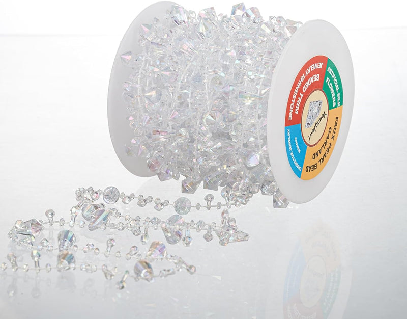 33 Feet Crystal Garland Christmas Clear Iridescent Crystal Bead Rolls and Gold Bead Garland Twist Bead String for Christmas Tree Wedding Party Decoration