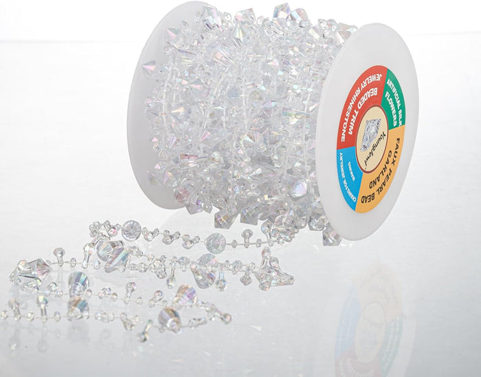 33 Feet Crystal Garland Christmas Clear Iridescent Crystal Bead Rolls and Gold Bead Garland Twist Bead String for Christmas Tree Wedding Party Decoration