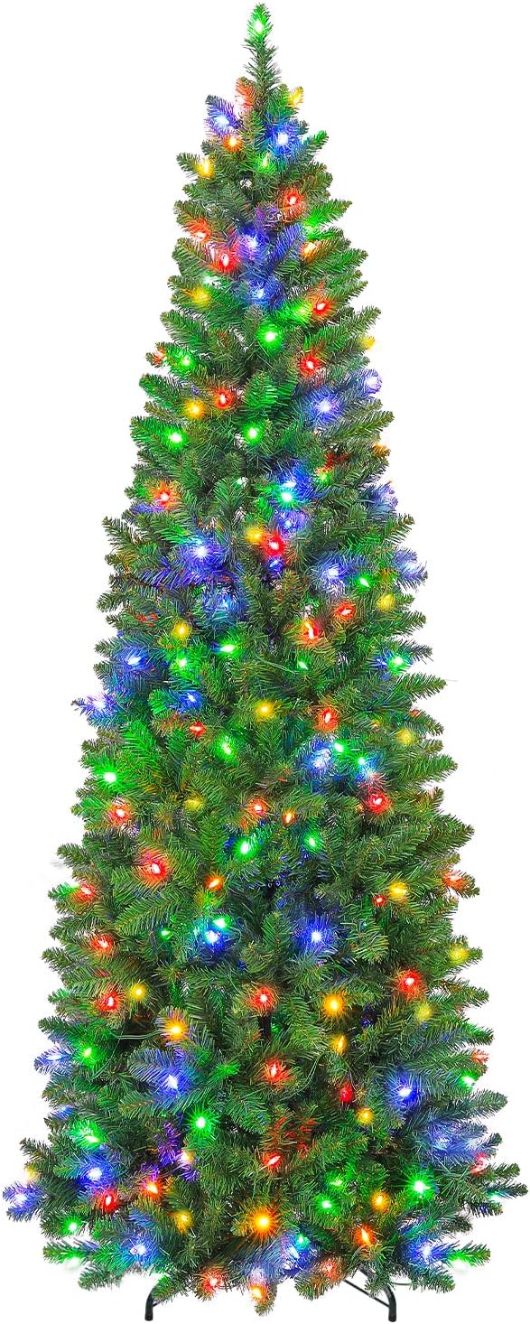Hykolity 7.5 ft Prelit Artificial Pencil Slim Christmas Pine Tree with 792 PVC Branch Tips, 300 Warm White LED Lights, Metal Stand and Hinged Branches, Perfect for Home, Decoration
