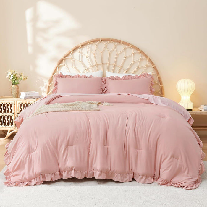 Litanika Comforter Full Size Set Beige, 3 Pieces Ruffle Lightweight Bedding Comforter Set, Fluffy Bed Set (79x90In Comforter, 2 Pillowcases)