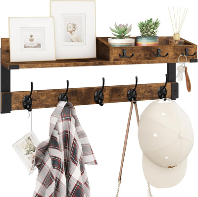 Homode Coat Rack with Shelf, Wall Shelf with Hooks, 26 Inch Long Coat Hanger Wall Mount with Key and Mail Holder, Wood Entryway Shelves for Hanging Hat Jacket Backpack Purse, Rustic Brown Black