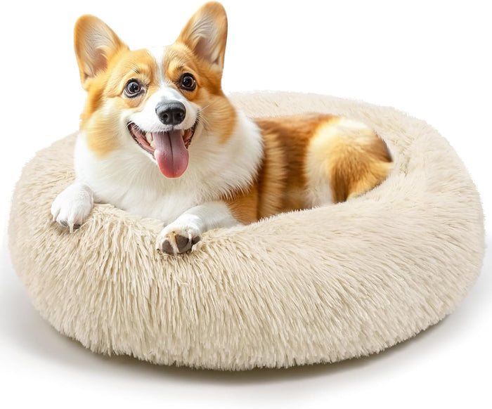 Hoewina Dog & Cat Bed for Indoor Cats, 20in Calming Donut Bed for Puppy and Kitten, Washable Round Fluffy Pet Bed for Small Medium Dogs and Cats (Light Grey)
