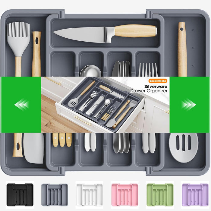 Silverware Organizer，Adjustable & Expandable Utensil Drawer Organizer, BPA Free Utensil Holder, Cutlery Tray for Forks, Spoons, Knives in Kitchen, Medium, Black
