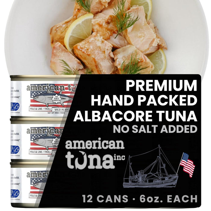 American Tuna Sushi-grade Wild Albacore Tuna Fish - No Salt Added, Wild Caught, MSC Certified, and Pole Caught | (6) 6 Ounce Cans | Super Premium Canned Tuna for Health and Flavor Enthusiasts!