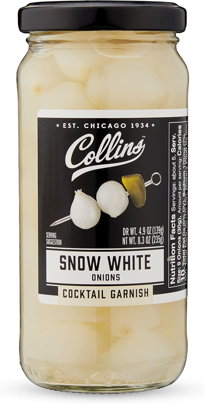 Collins Gourmet Snow White Cocktail Onion - Pickled Onion jar for Cocktails, Bloody Mary ingredients, Meat and Cheese Trays and Snacks - Pickled Onions 8oz