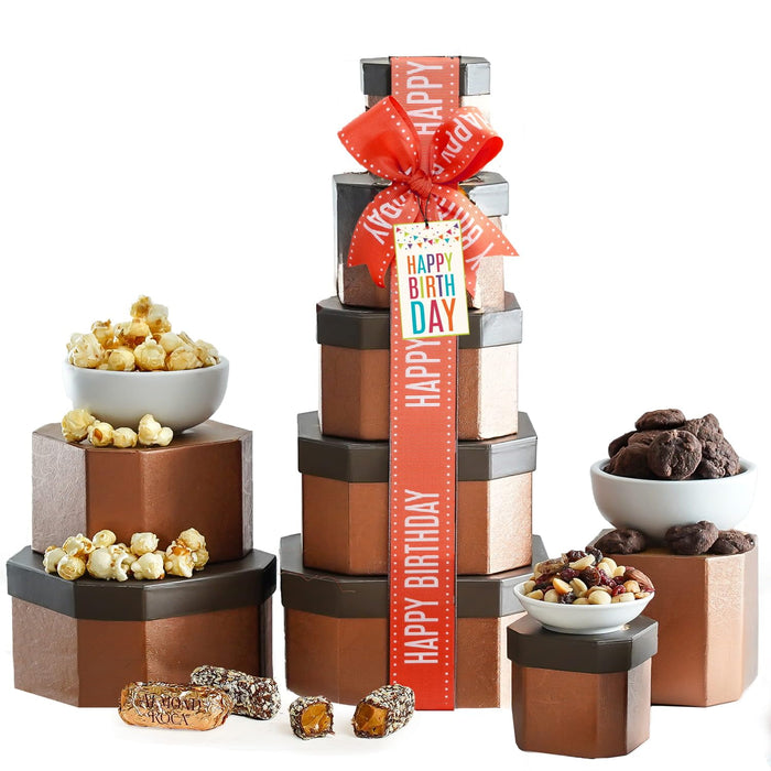 Broadway Basketeers Gift Basket Tower – Gourmet Kosher Snack & Chocolate Food Gifts for Women, Men, Family, Care Package for College & Teachers – Thank You, Christmas Holiday & Corporate