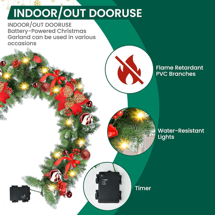 Christmas Garland with Lights, 30 LED 9FT Prelit Christmas Garland for Mantle,Outdoor Indoor Christmas Decorations Garland Battery Operated with Bows,Flowers,for Stairs,Railing,Fireplace,Front Door